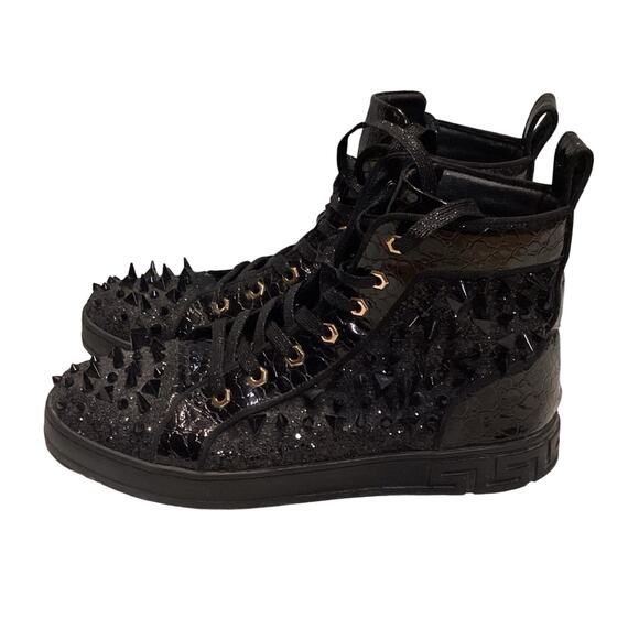 FI-2369 Black Glitter Black Spikes Lace up High top Sneaker Encore by Fiesso main image 4